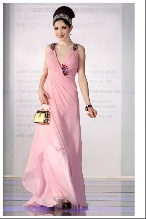 Pink Straps V-neck Beading Long Formal Evening Dress
