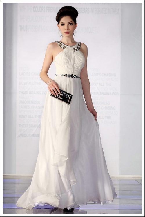 Glamorous Ivory High neck Long Formal Evening Dress