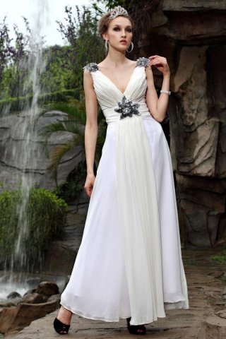 White Straps V-neck Crystal Long Formal Evening Dress