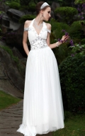 White Halter Beading Long Formal Evening Dress