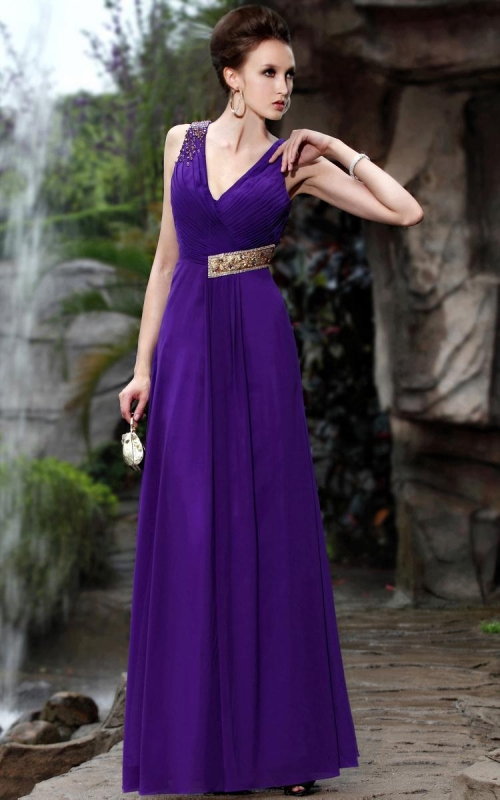 Elegant Purple V-neck Beading Long Formal Evening Dress