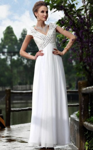 Elegant Cap Sleeve Beading Long Formal Evening Dress