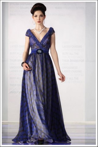 V-neck Cap Sleeves Beading Long Formal Evening Dress