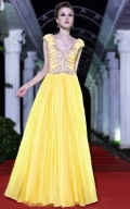 Yellow Cap Sleeve Beading Long Formal Evening Dress