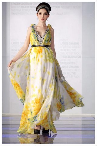 V-neck Beading Sash Printed Long Formal Evening Dress
