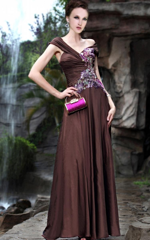 Chocolate Off the Shoulder embroidery Long Formal Evening Dress