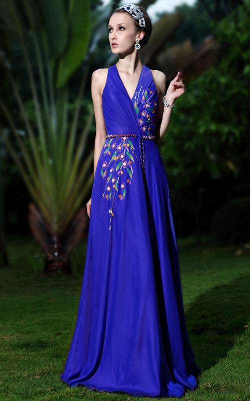 Royal Blue Halter Strap Beading Long Formal Evening Dress