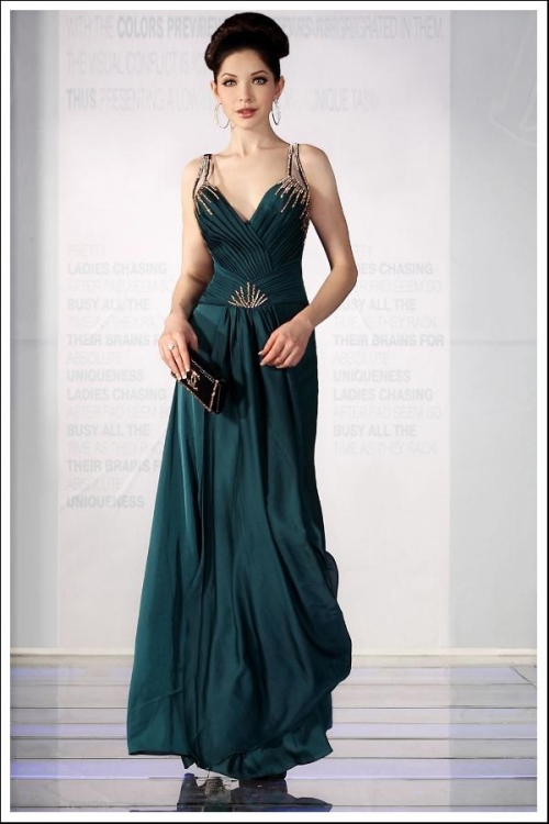 Straps V-neck Beading Ruffles Long Formal Evening Dress