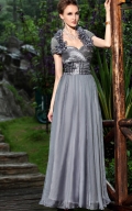 Charcoal Short Sleeves Beading Long Formal Evening Dress