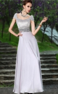 Elegant Gray Short Sleeves Beading Long Formal Evening Dress