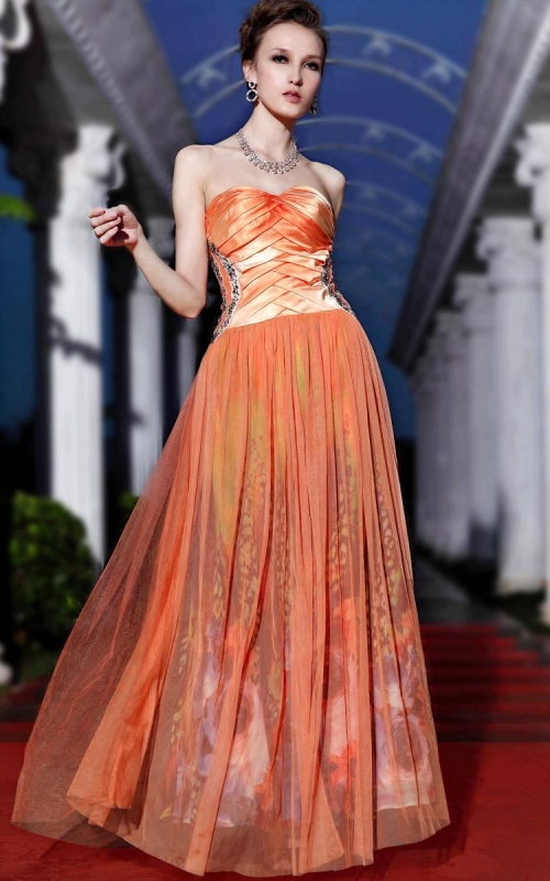 Orange Strapless Sweetheart Printed Long Formal Evening Dress