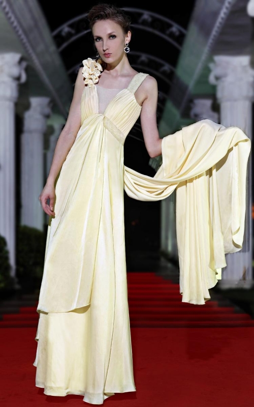 Elegant Yellow Rulles Straps Long Formal Evening Dress
