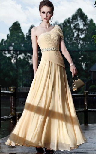 Yellow One Shoulder Beading Long Formal Evening Dress