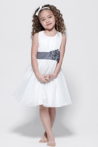 Scoop Sleeveless Tea length Satin Organza Flower Girl Dresses