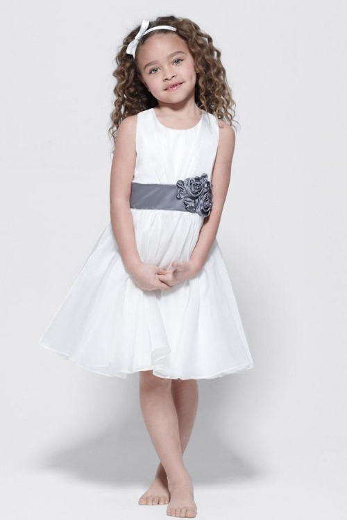 Scoop Sleeveless Tea length Satin Organza Flower Girl Dresses