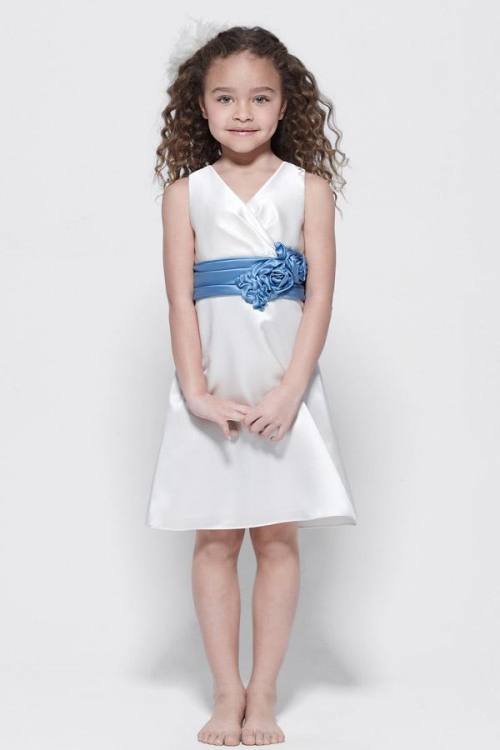 V-neck Sleeveless Knee length Satin Flower Girl Dresses