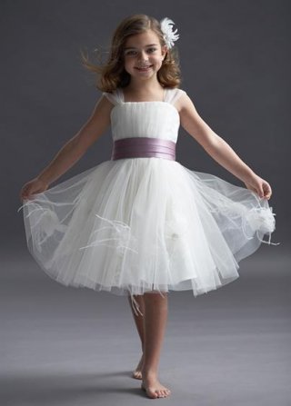 Square Tea length Sash Satin Tulle Flower Girl Dresses