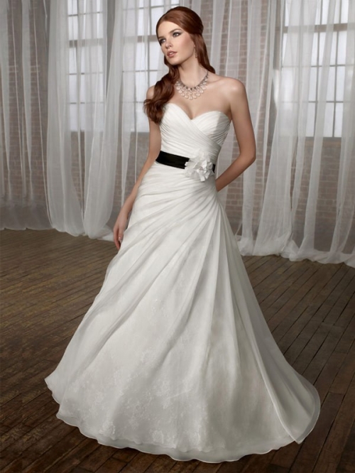 New Floor Length A-Line Sweetheart Low Back Sweep Train With Flower,Sash,Button Wedding Dresses WDresses00731