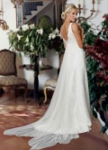 White Floor Length A line V Neck Satin Lace Wedding Dress