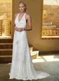 White Halter A line V Neck Satin Lace Wedding Dress