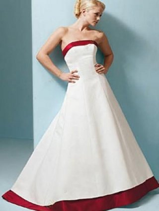 White And Red A line Strapless Satin Wedding Dress