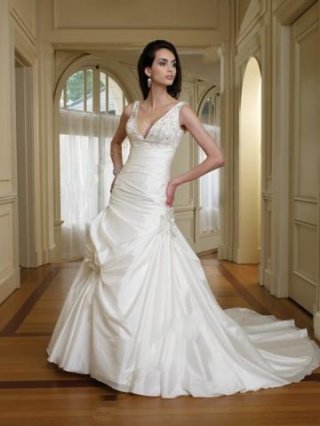 White A line V neck embroidered bodice flower decoration taffeta bridal gown