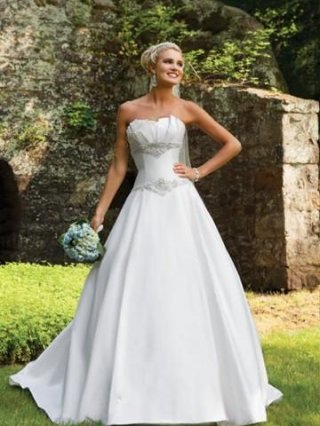 White A line strapless pleated bust beading satin bridal gown