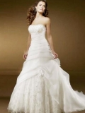 White A line Strapless Lace Organza Satin Wedding Dress