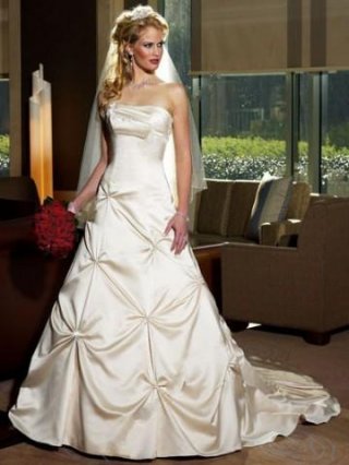 strapless floor length cathedral train satin bridal dress