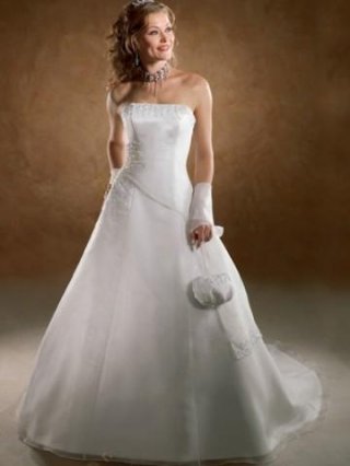 White a line strapless beading satin organza bridal gown
