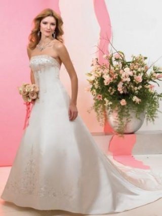 White A line Strapless Beaded Embroidery Satin Wedding Dress