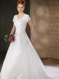 Short Sleeves V Neck Beaded Applique Satin Chiffon Wedding Dress