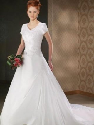 Short Sleeves V Neck Beaded Applique Satin Chiffon Wedding Dress