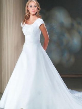 Short Sleeves Beaded Applique Satin Organza Wedding Dress