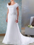 Scoop Short Sleeves Sash Organza Satin Wedding Dress