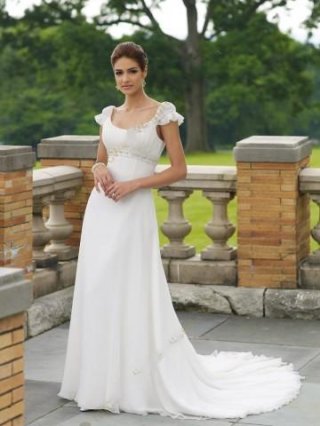 scoop beading waistband cap sleeves chapel train chiffon