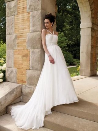 White A line halter straps beading waistband chiffon bridal gown