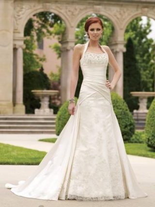 White A line halter beaded satin lace chapel train bridal dress