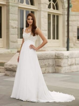 empire waist sweetheart neckline shoulder straps beaded applique watteau train chiffon wedding gown