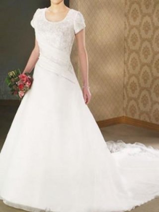 Beading Short Sleeves Applique Pongee Satin Organza