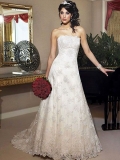 Affordable Graceful A-line Strapless Sweep length lace Applique satin/taffeta Wedding dress