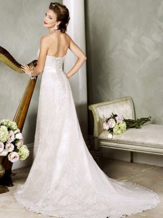 Empire waist A-line Strapless Embroider Applique Floor length lace/Satin/Taffeta Wedding dress