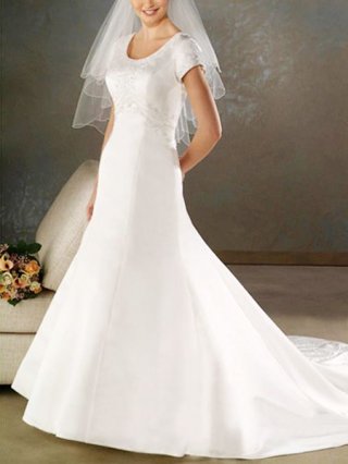 Inexpensive Round neckline Couture A-line Short Sleeves Embroidery Satin 2011 floor length wedding dresses
