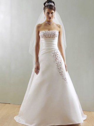 Modest Chapel Train Satin with Red Embroider A-line Strapless Empire waist Ruched wedding dress