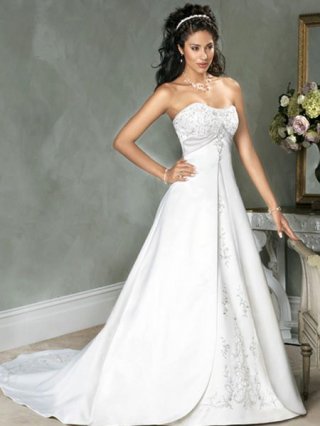 Satin A-line Strapless Embroider Empire Waist Beading Chapel Train Wedding Dress at discount price