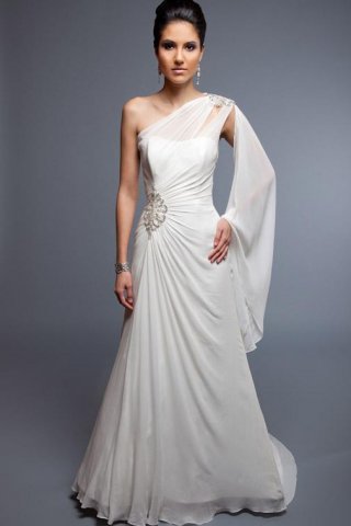 A-Line/Princess One Shoulder Court Chiffon Bridal Gown