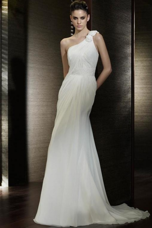 Empire One Shoulder Chapel Chiffon Bridal Gown