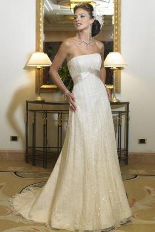 Column Strapless Chapel Taffeta Lace Bridal Gown