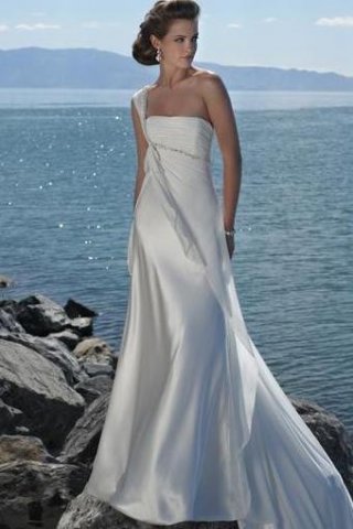 Empire One Shoulder Chapel Satin Bridal Gowns