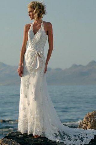 Empire Halter Chapel Lace Bridal Gown